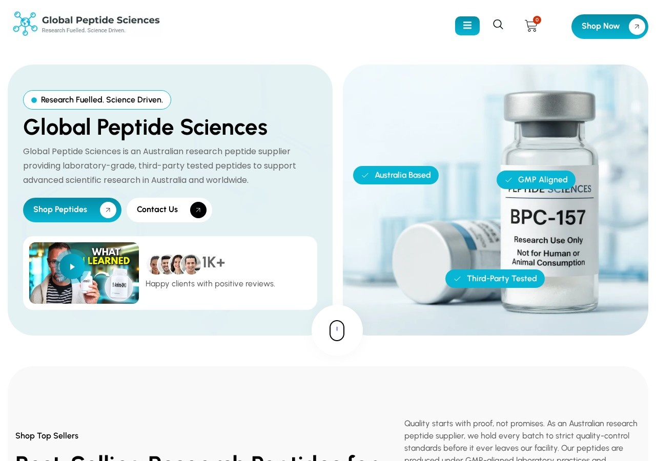 Homepage screenshot of the Global Peptide Sciences research-peptide website.
