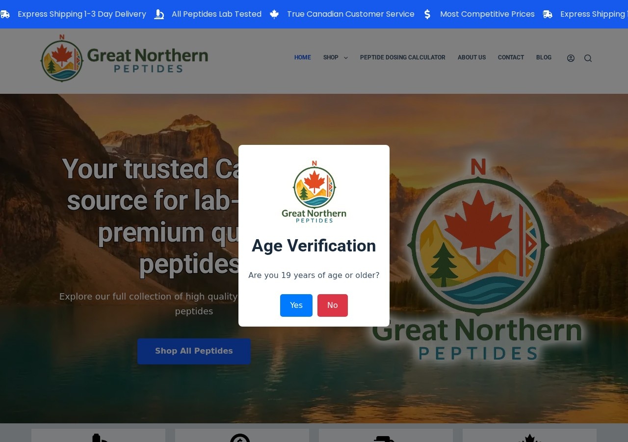 Homepage screenshot of the Great Northern Peptides research-peptide website.
