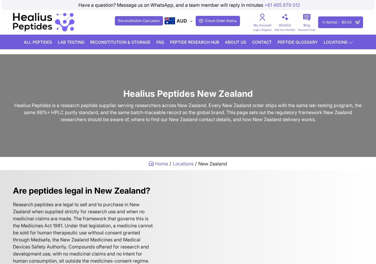 Homepage screenshot of the Healius Peptides research-peptide website.