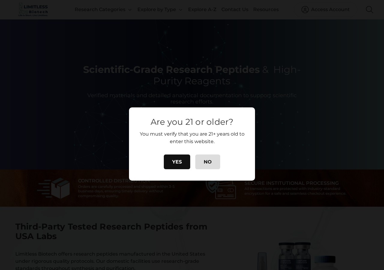 Homepage screenshot of the Limitless Biotech research-peptide website.