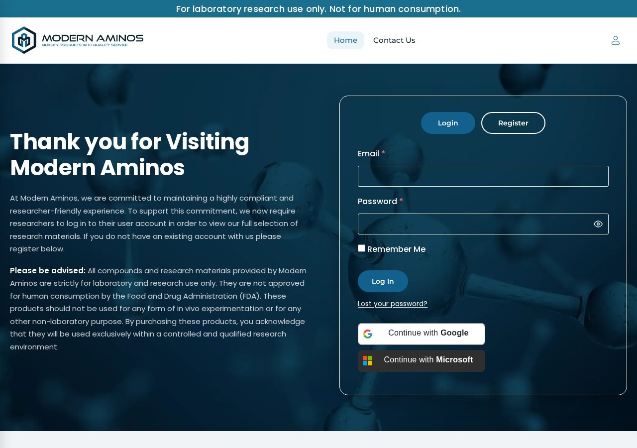 Homepage screenshot of the Modern Aminos research-peptide website.