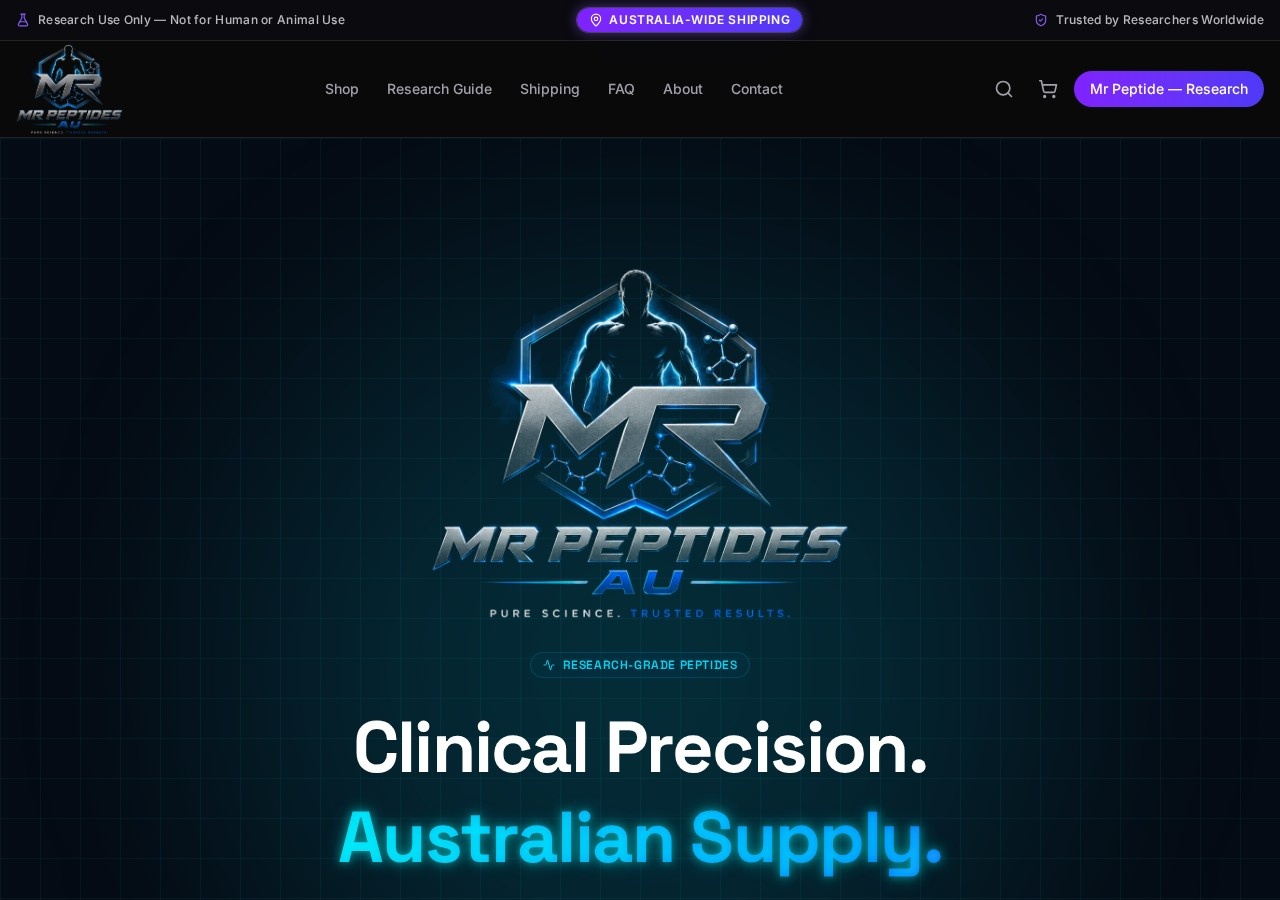 Homepage screenshot of the Mr Peptide research-peptide website.