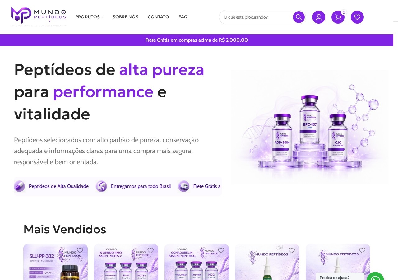 Homepage screenshot of the Mundo Peptideos research-peptide website.