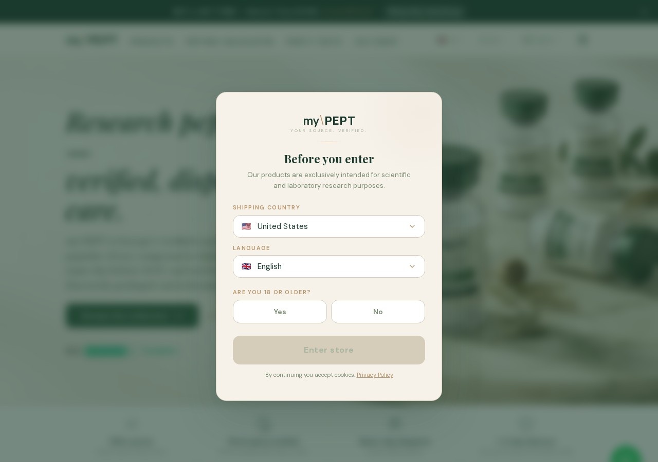 Homepage screenshot of the myPEPT research-peptide website.