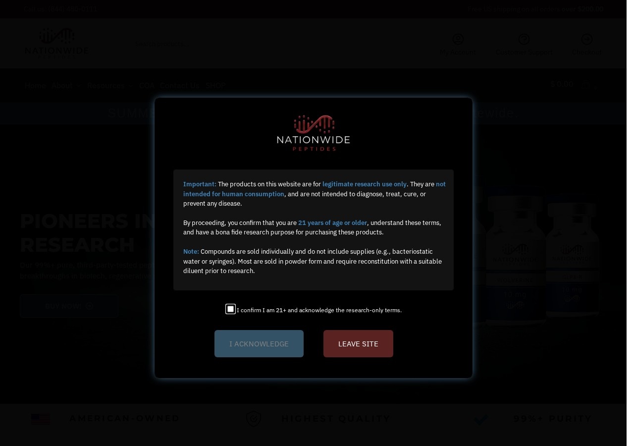 Homepage screenshot of the Nationwide Peptides research-peptide website.