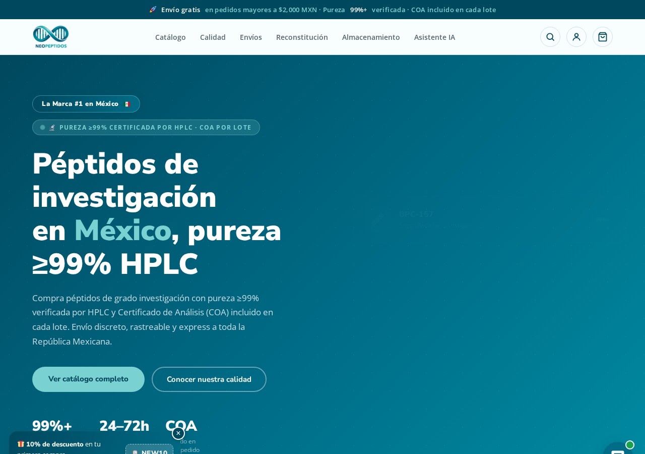 Homepage screenshot of the NeoPeptidos research-peptide website.