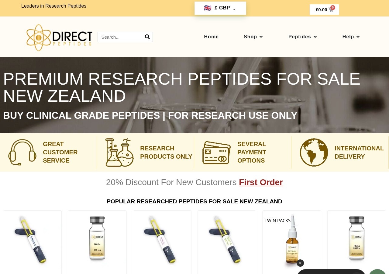 Homepage screenshot of the Direct Peptides research-peptide website.