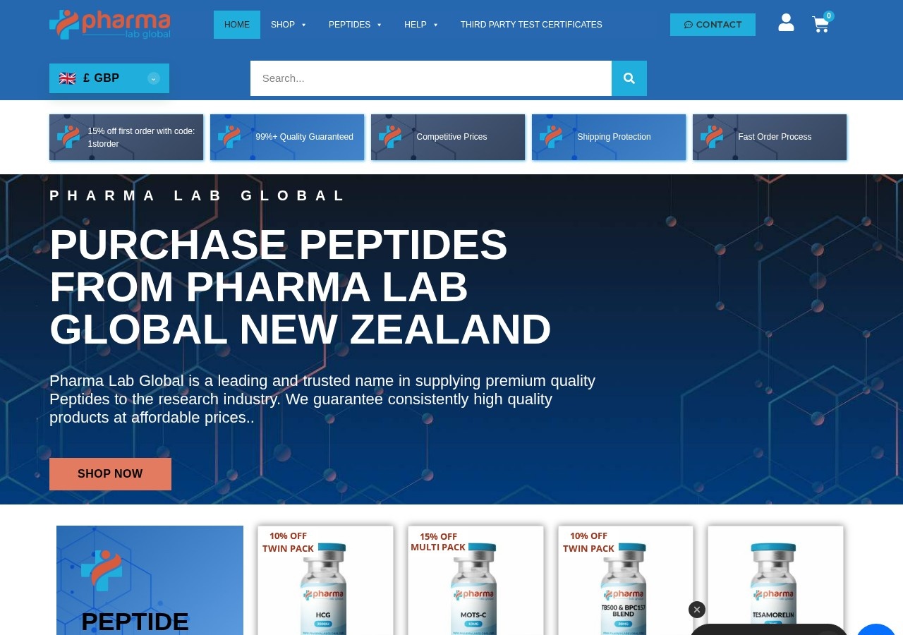 Homepage screenshot of the Pharma Lab Global research-peptide website.