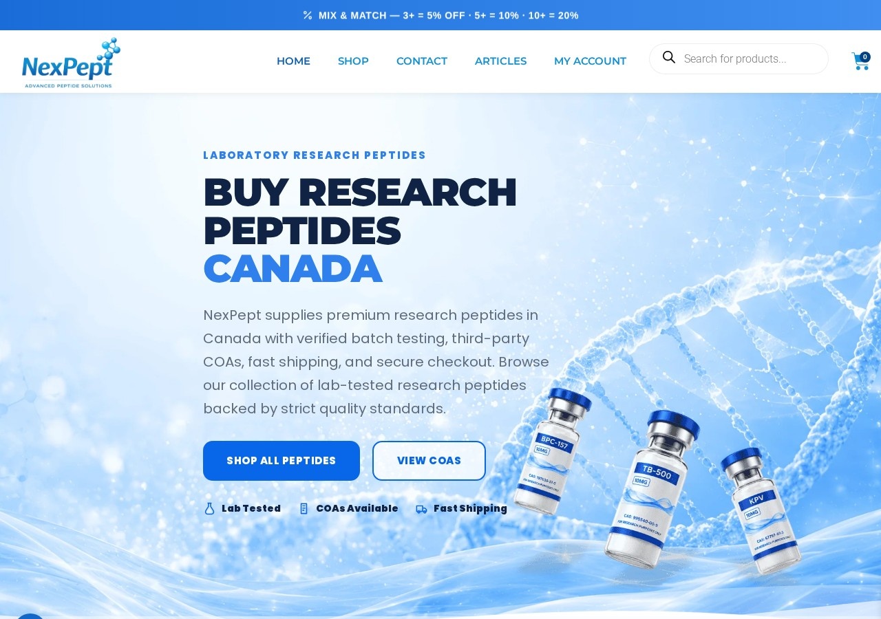 Homepage screenshot of the NexPept research-peptide website.