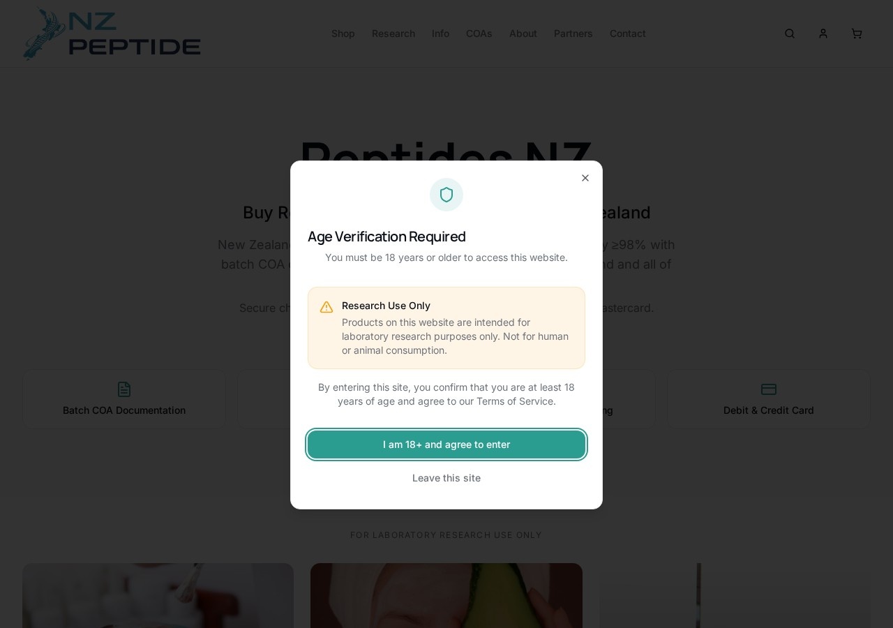 Homepage screenshot of the NZ Peptide research-peptide website.