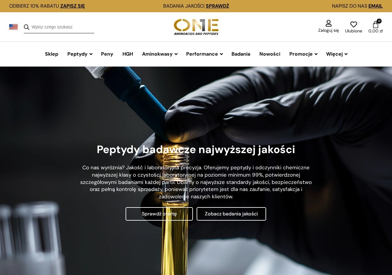 Homepage screenshot of the One Peptides research-peptide website.