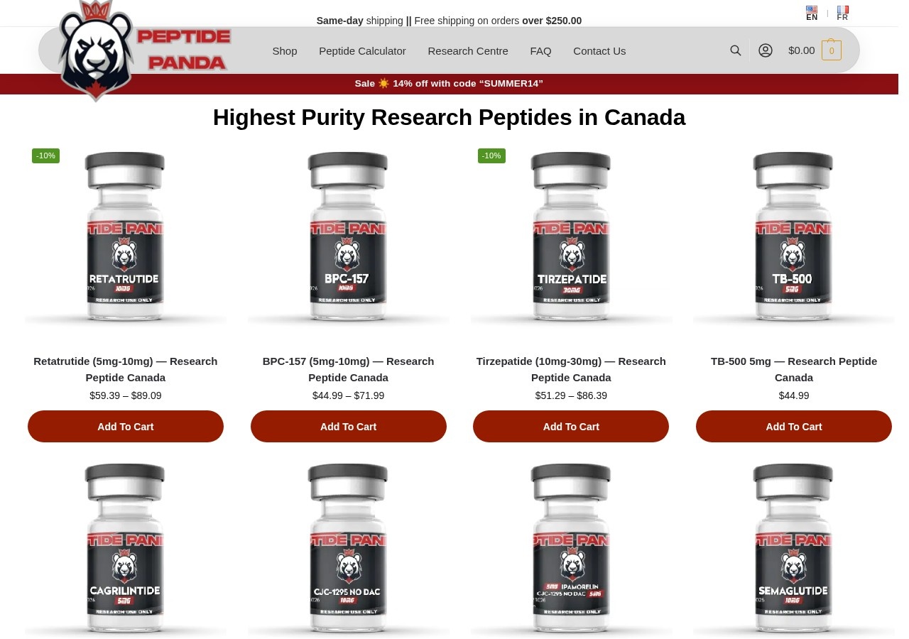Homepage screenshot of the Panda Peptide research-peptide website.