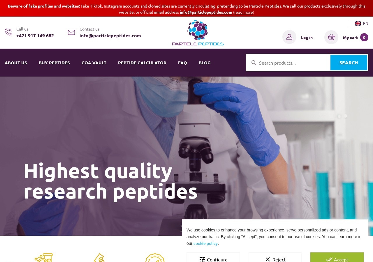 Homepage screenshot of the Particle Peptides research-peptide website.