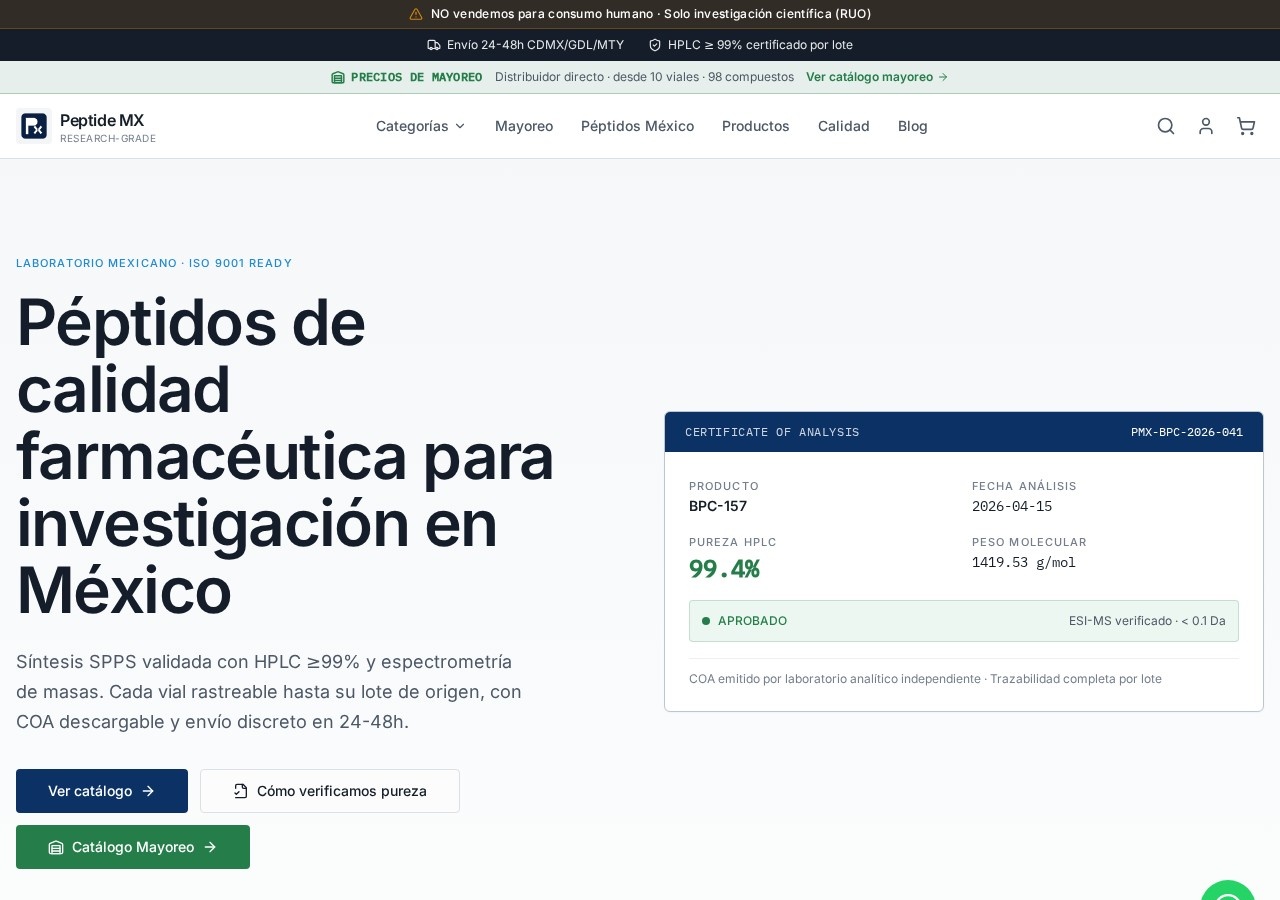 Homepage screenshot of the Peptide MX research-peptide website.