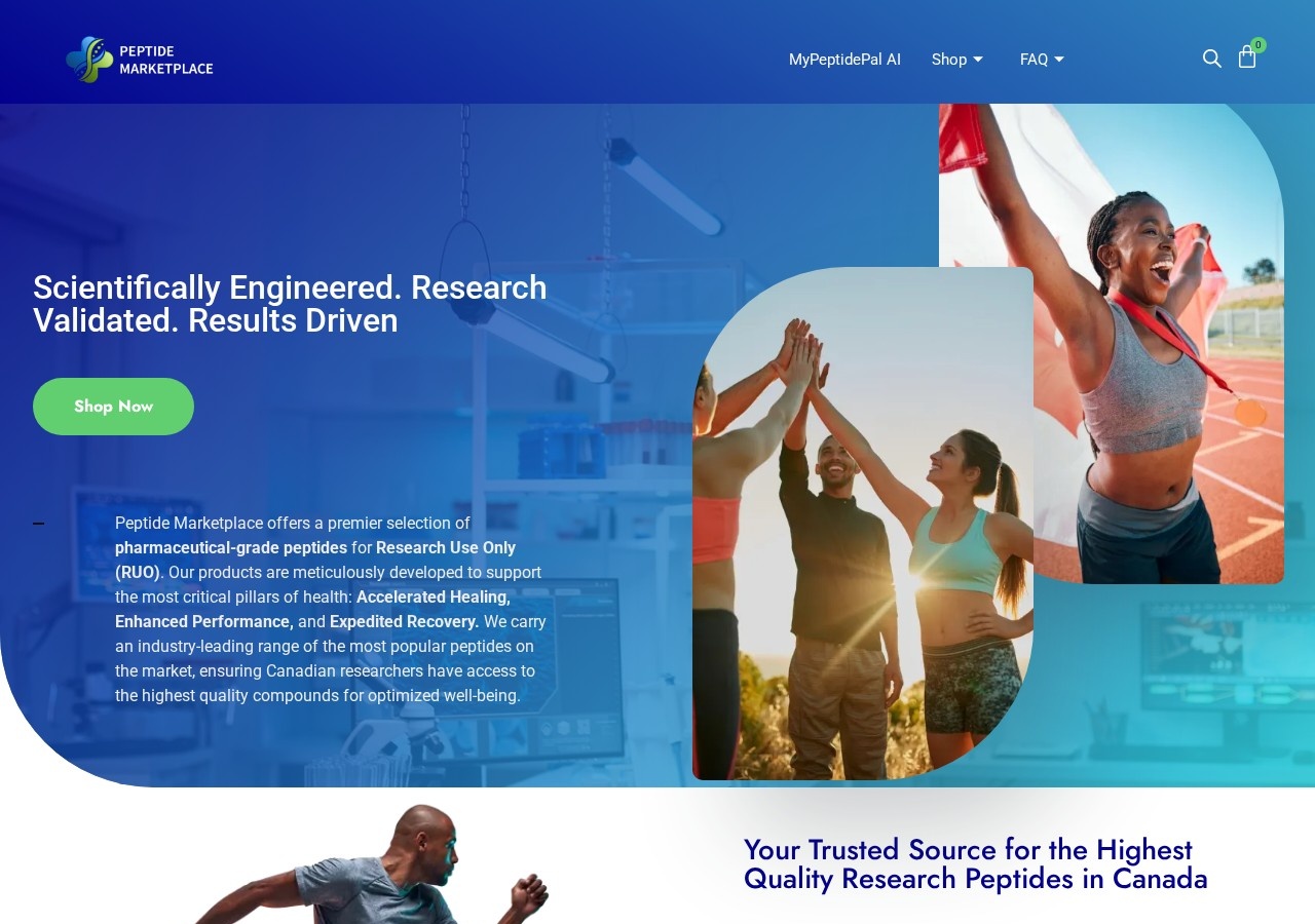 Homepage screenshot of the Peptide Marketplace research-peptide website.