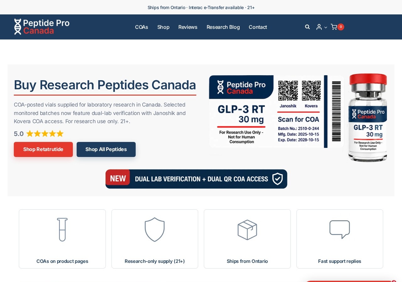 Homepage screenshot of the PeptidePro Canada research-peptide website.