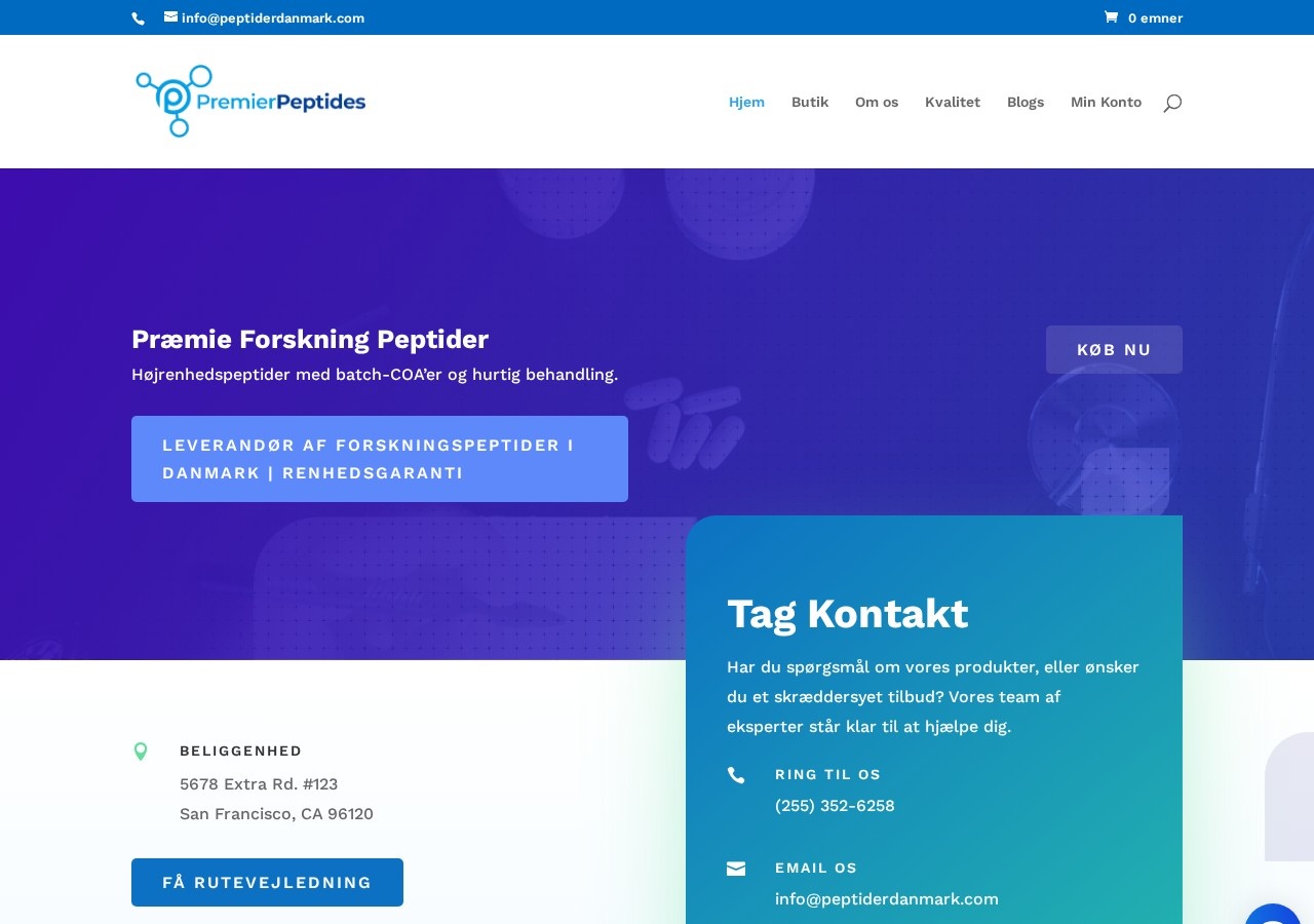 Homepage screenshot of the Peptider Danmark research-peptide website.