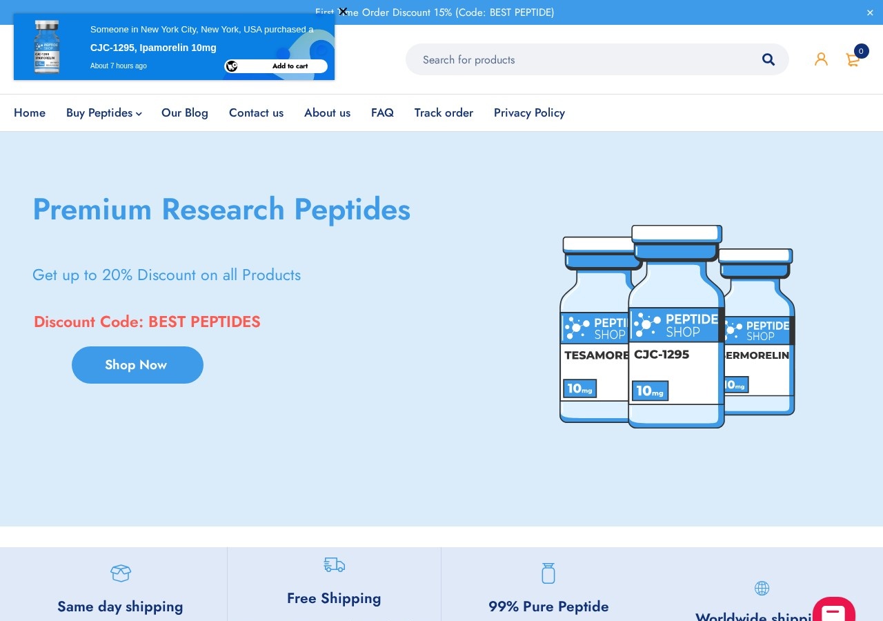Homepage screenshot of the Peptide Shop research-peptide website.