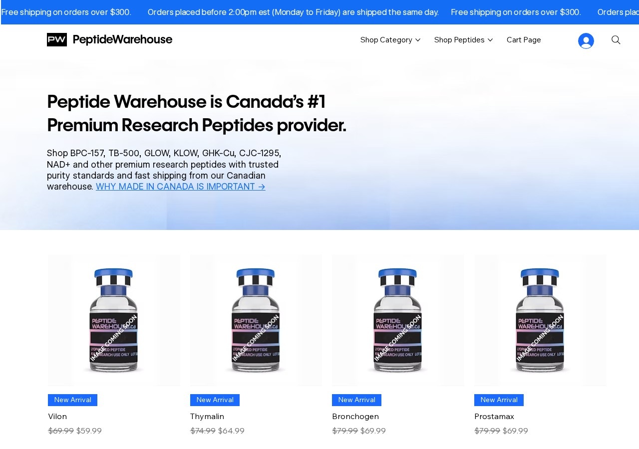 Homepage screenshot of the Peptide Warehouse research-peptide website.
