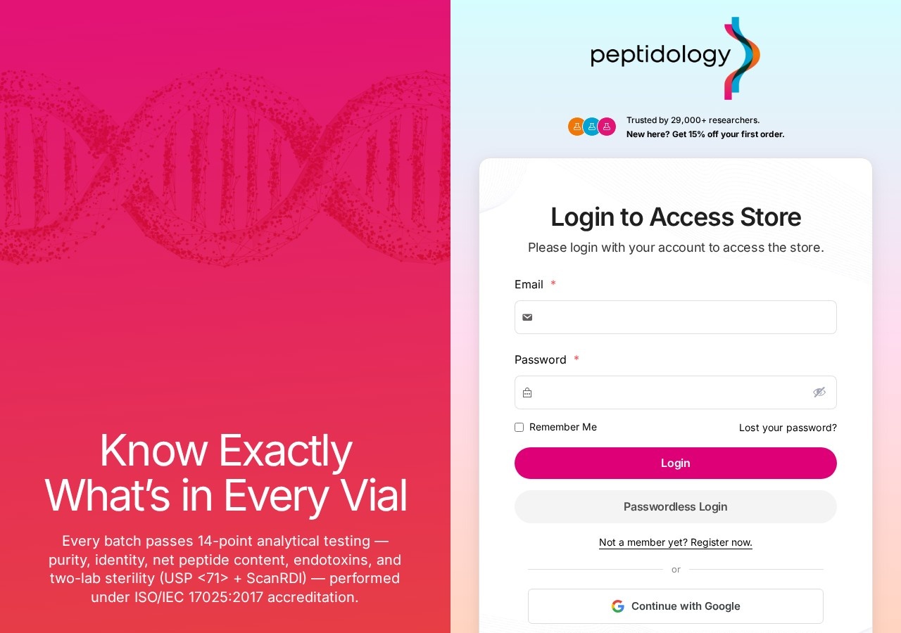 Homepage screenshot of the Peptidology research-peptide website.