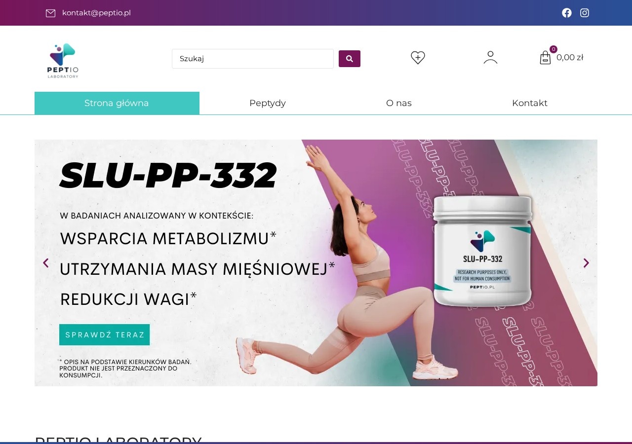 Homepage screenshot of the Peptio research-peptide website.