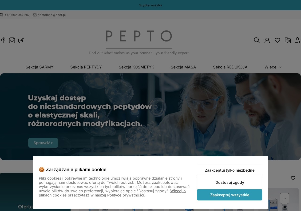 Homepage screenshot of the Pepto Med research-peptide website.