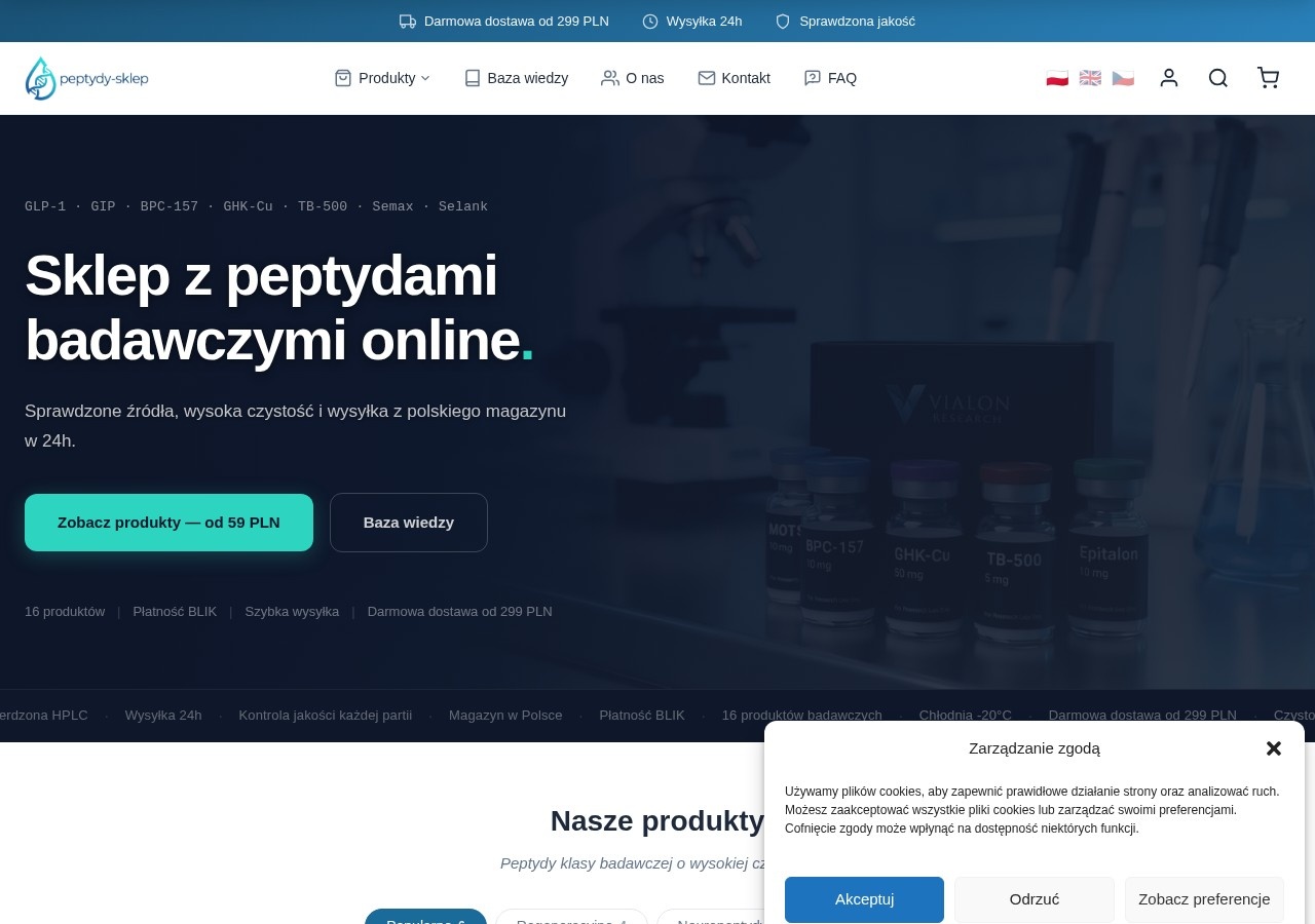 Homepage screenshot of the Peptydy Sklep (Vantaris Research) research-peptide website.