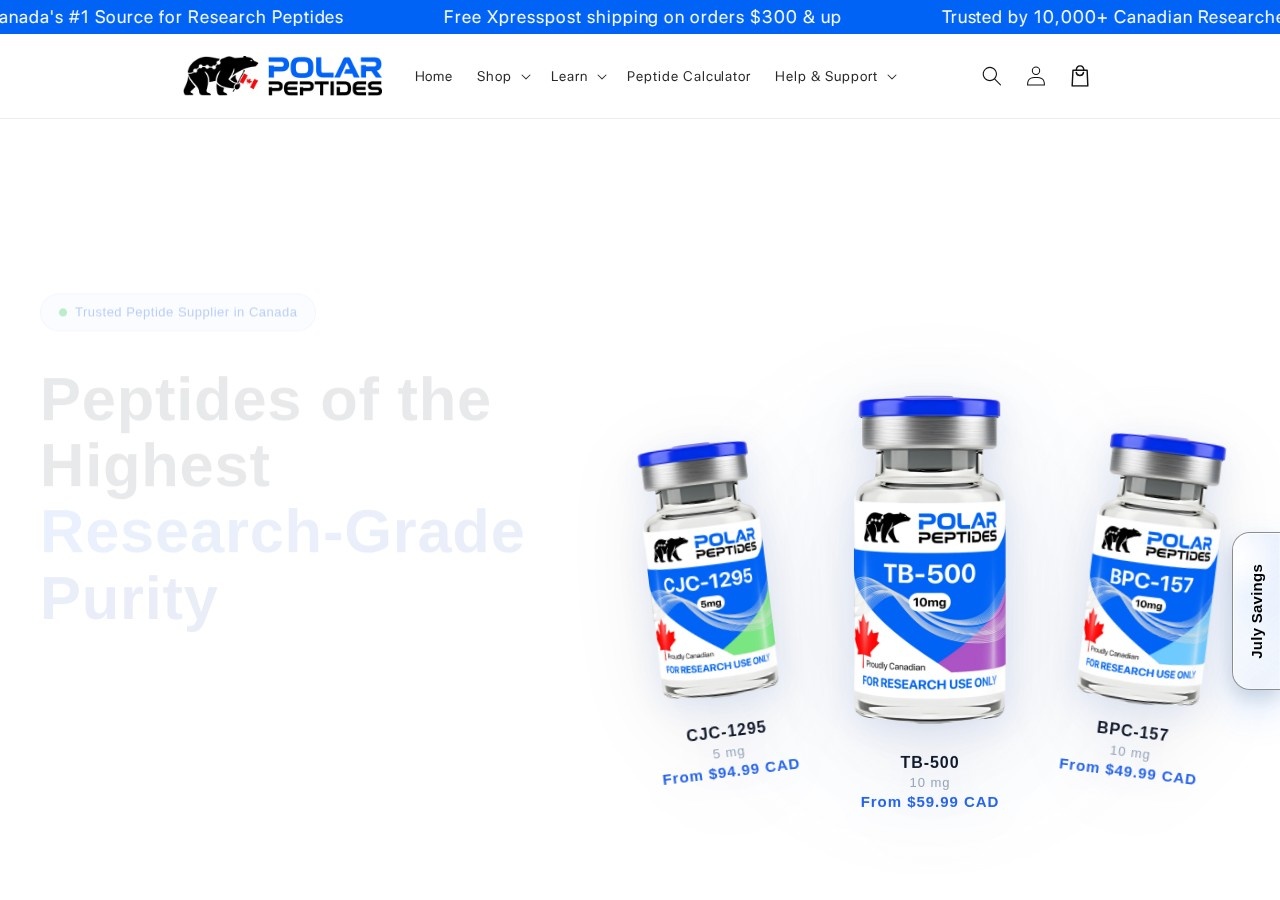 Homepage screenshot of the Polar Peptides research-peptide website.