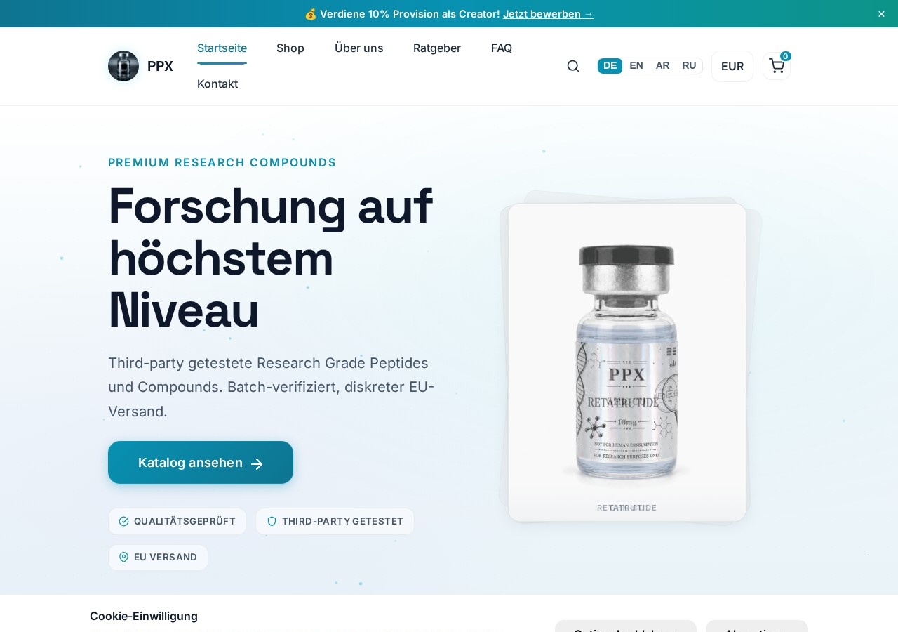 Homepage screenshot of the PPX research-peptide website.