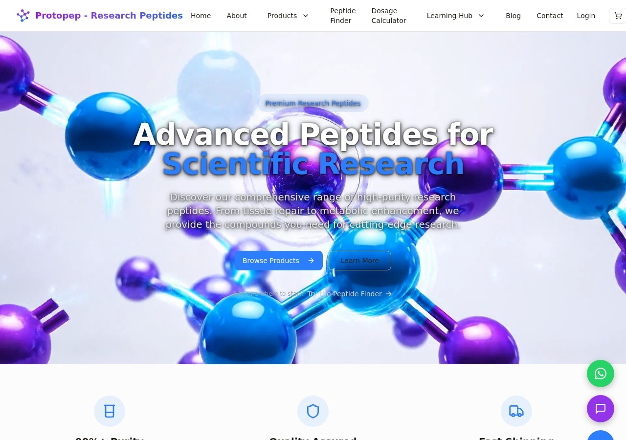 Homepage screenshot of the Protopep research-peptide website.