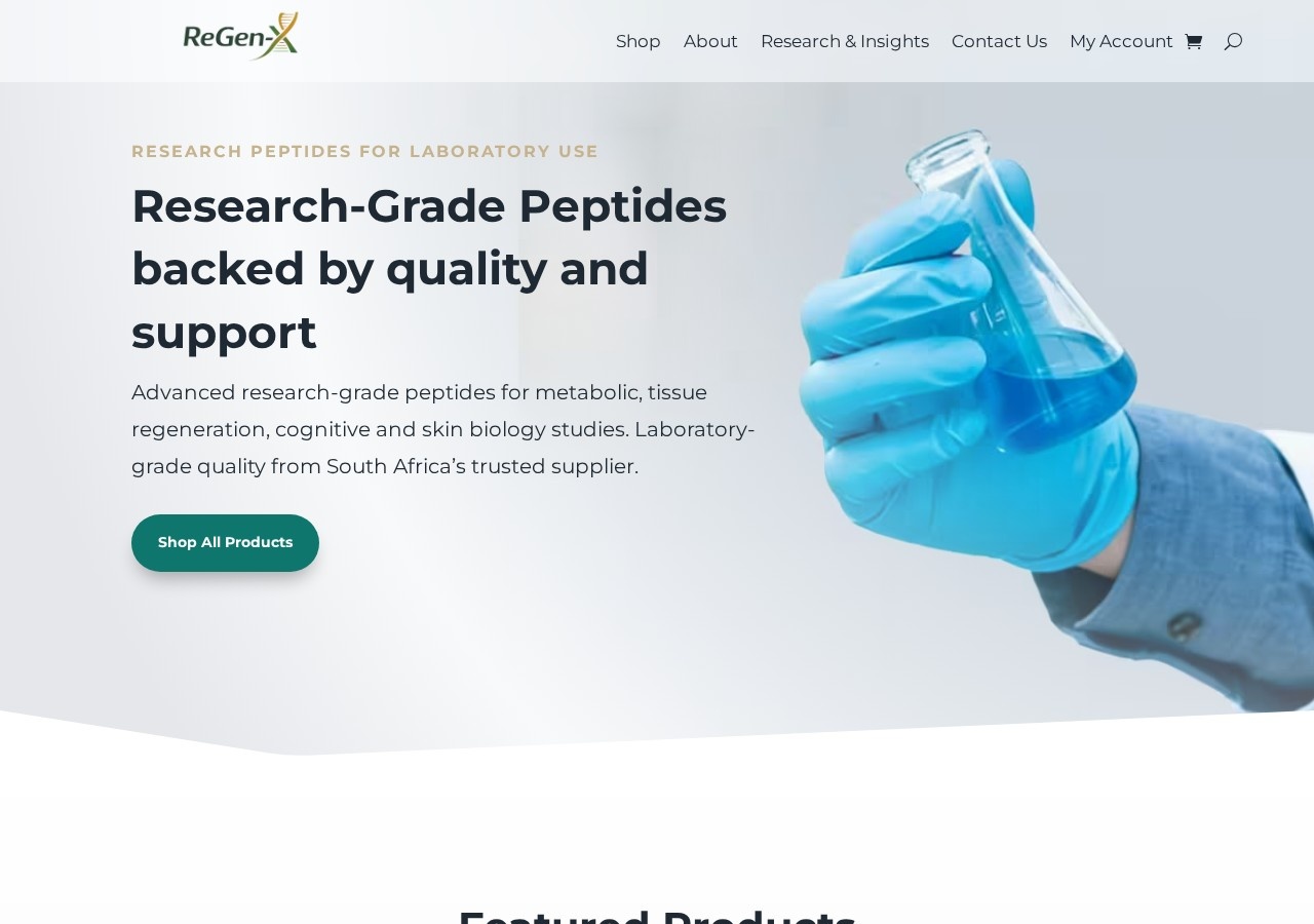 Homepage screenshot of the ReGen-X research-peptide website.