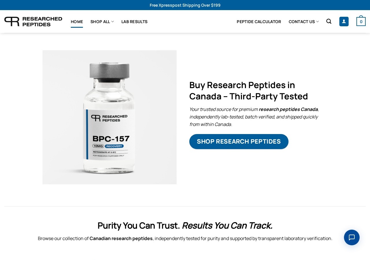 Homepage screenshot of the Researched Peptides research-peptide website.