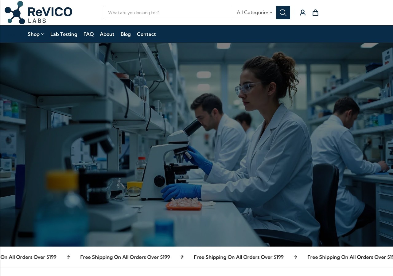 Homepage screenshot of the Revico Labs research-peptide website.