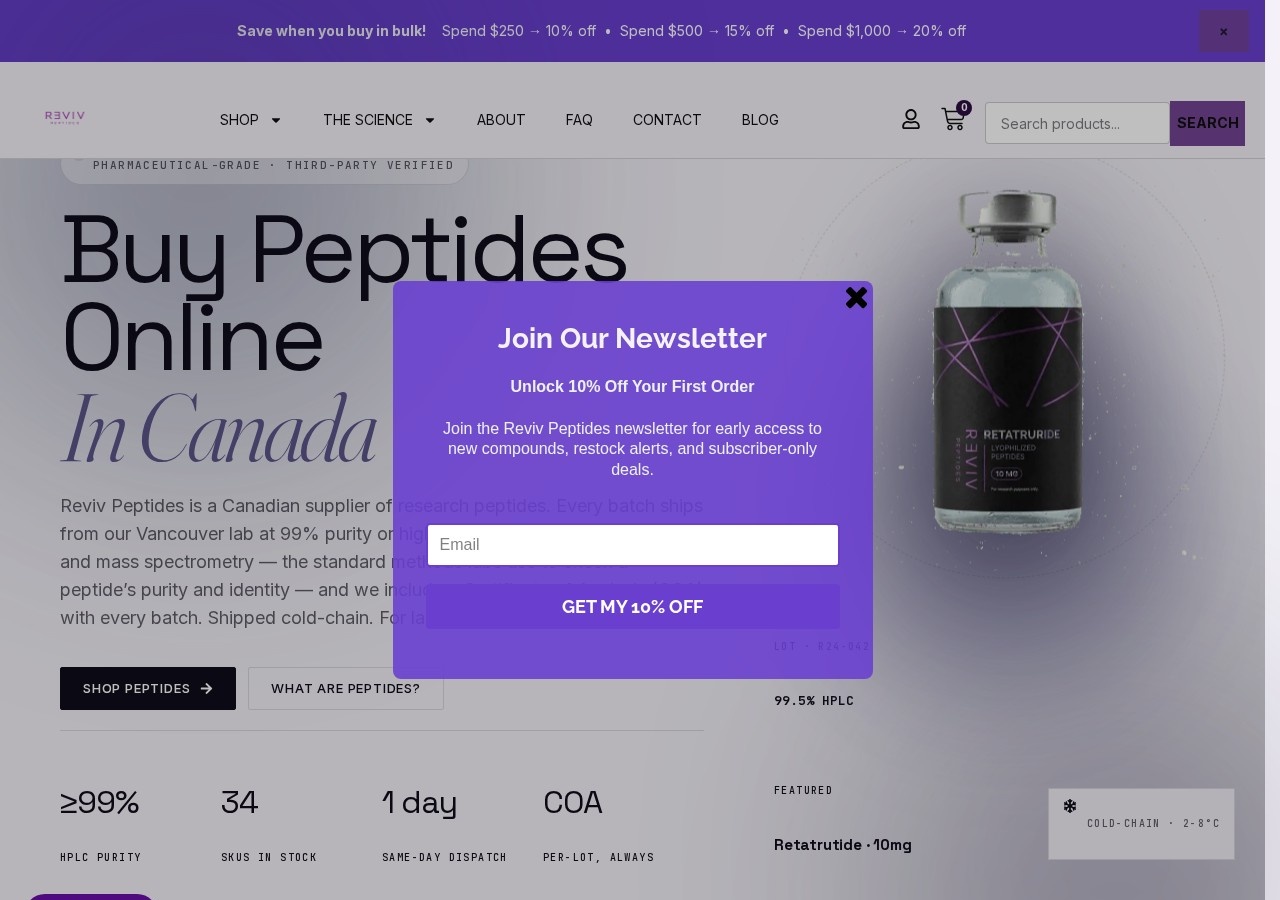 Homepage screenshot of the Reviv Peptides research-peptide website.