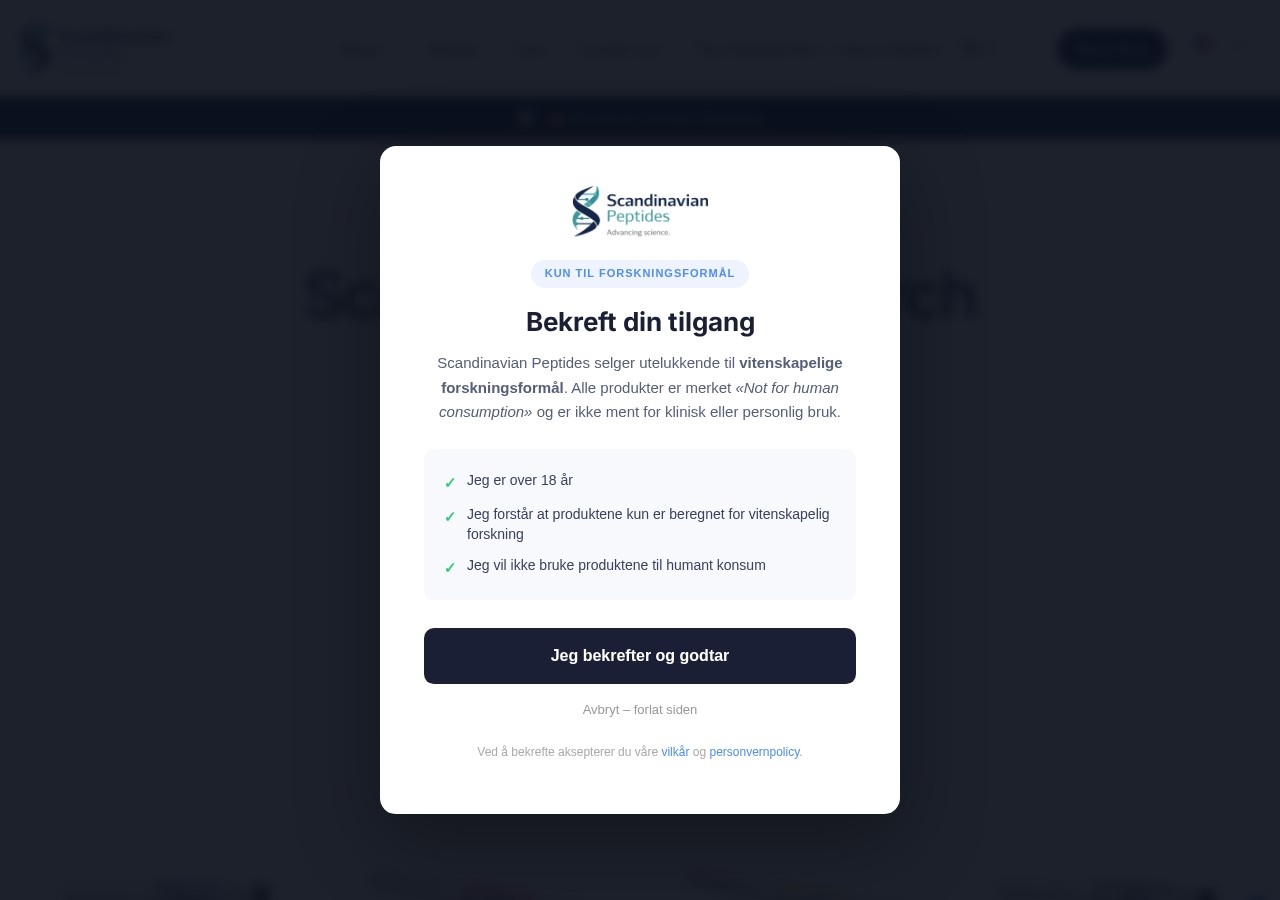 Homepage screenshot of the Scandinavian Peptides research-peptide website.