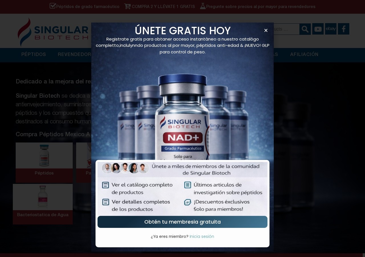 Homepage screenshot of the Singular Biotech research-peptide website.