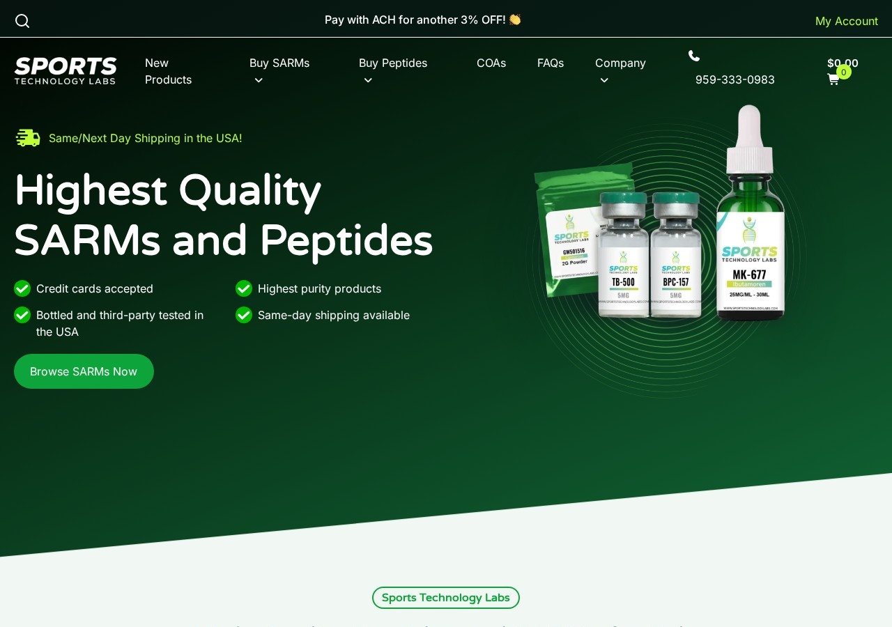 Homepage screenshot of the Sports Technology Labs research-peptide website.