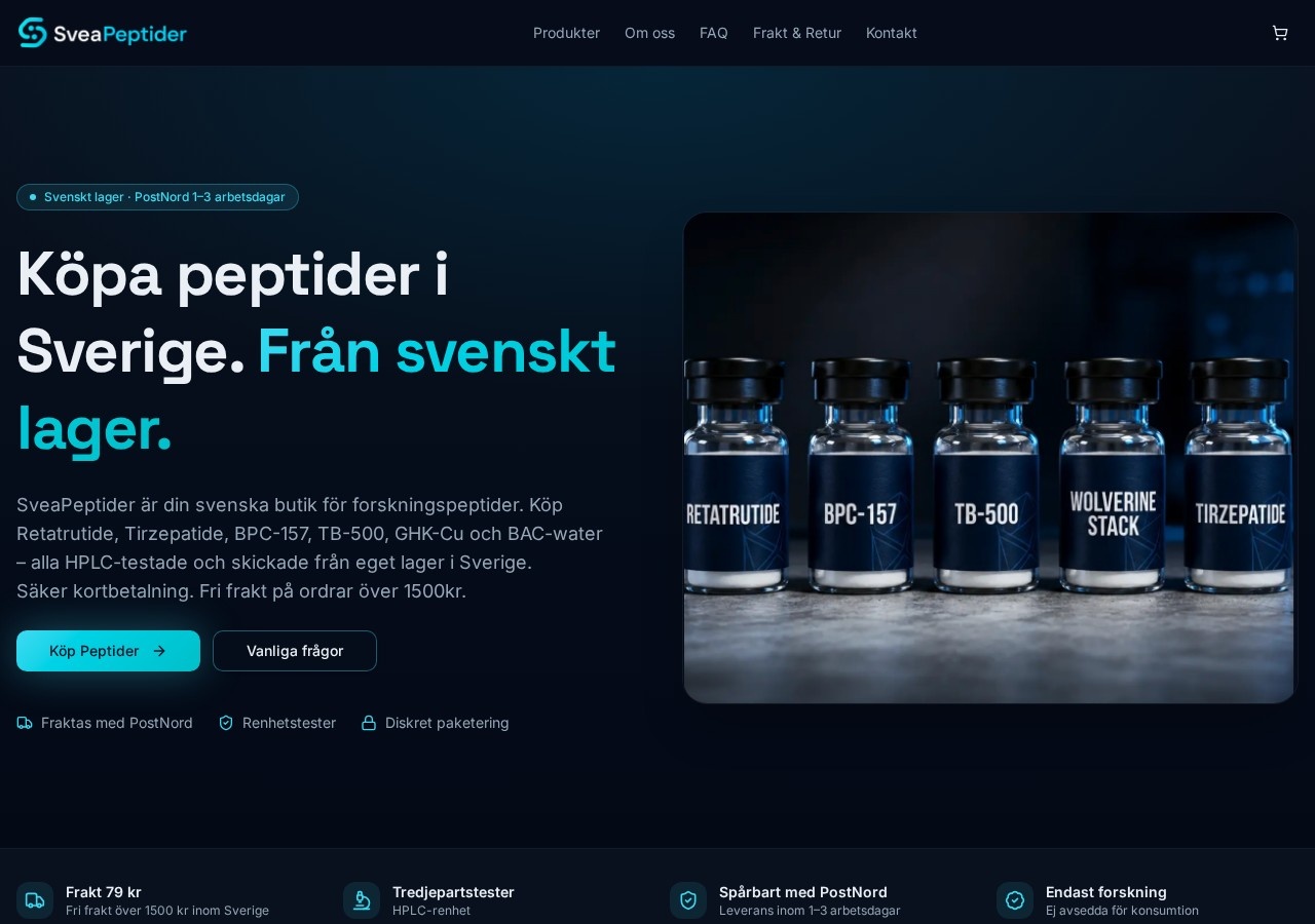 Homepage screenshot of the SveaPeptider research-peptide website.