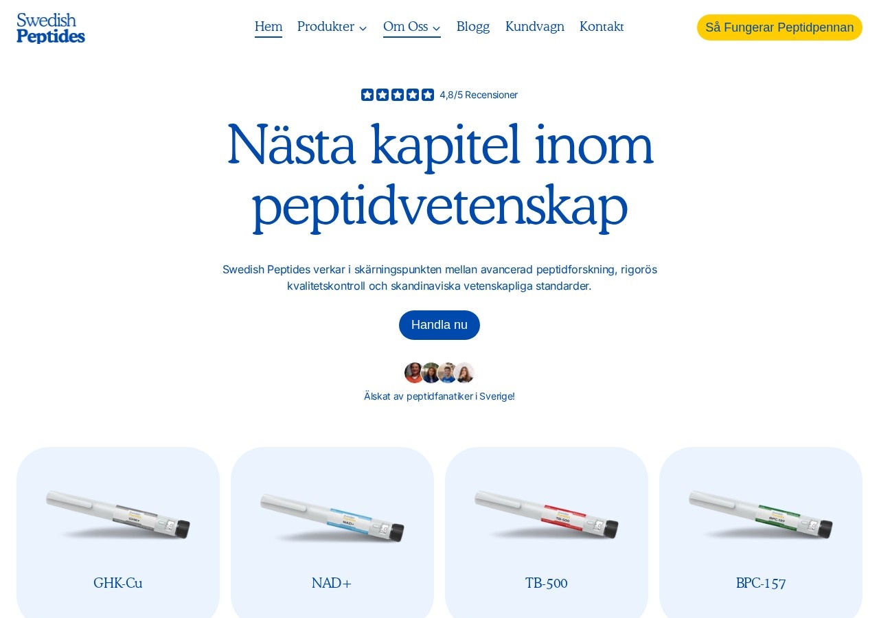Homepage screenshot of the Swedish Peptides research-peptide website.