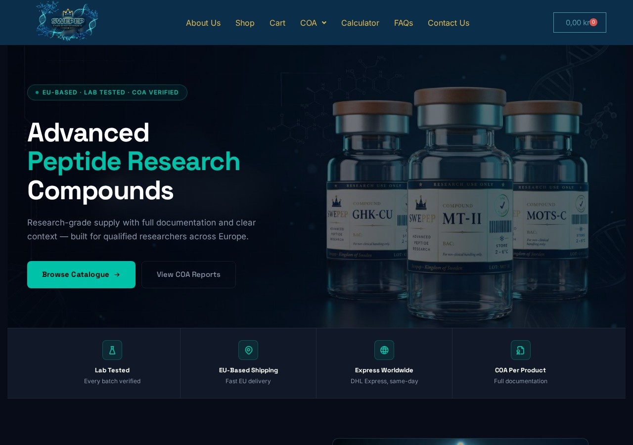 Homepage screenshot of the Swepep research-peptide website.