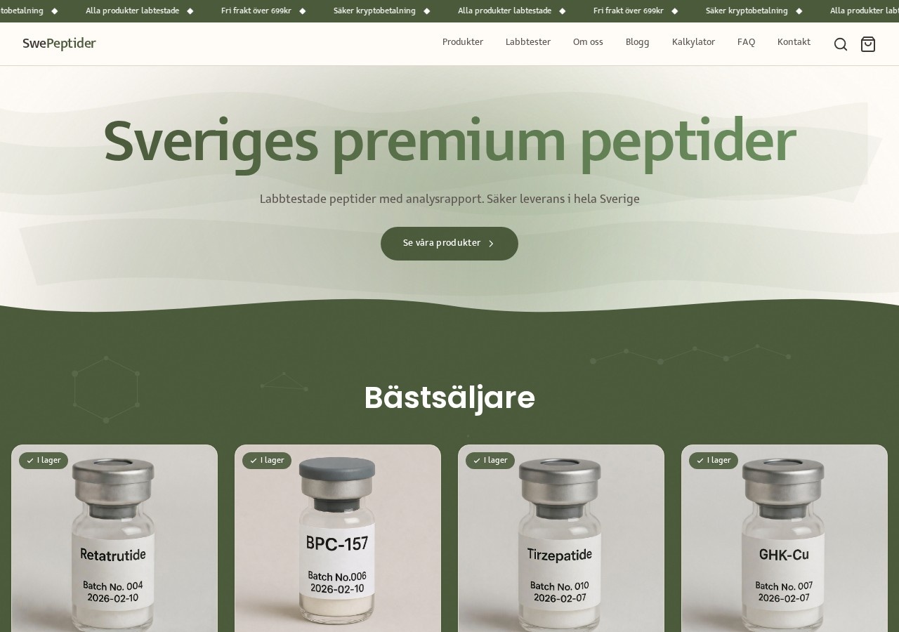 Homepage screenshot of the SwePeptider research-peptide website.