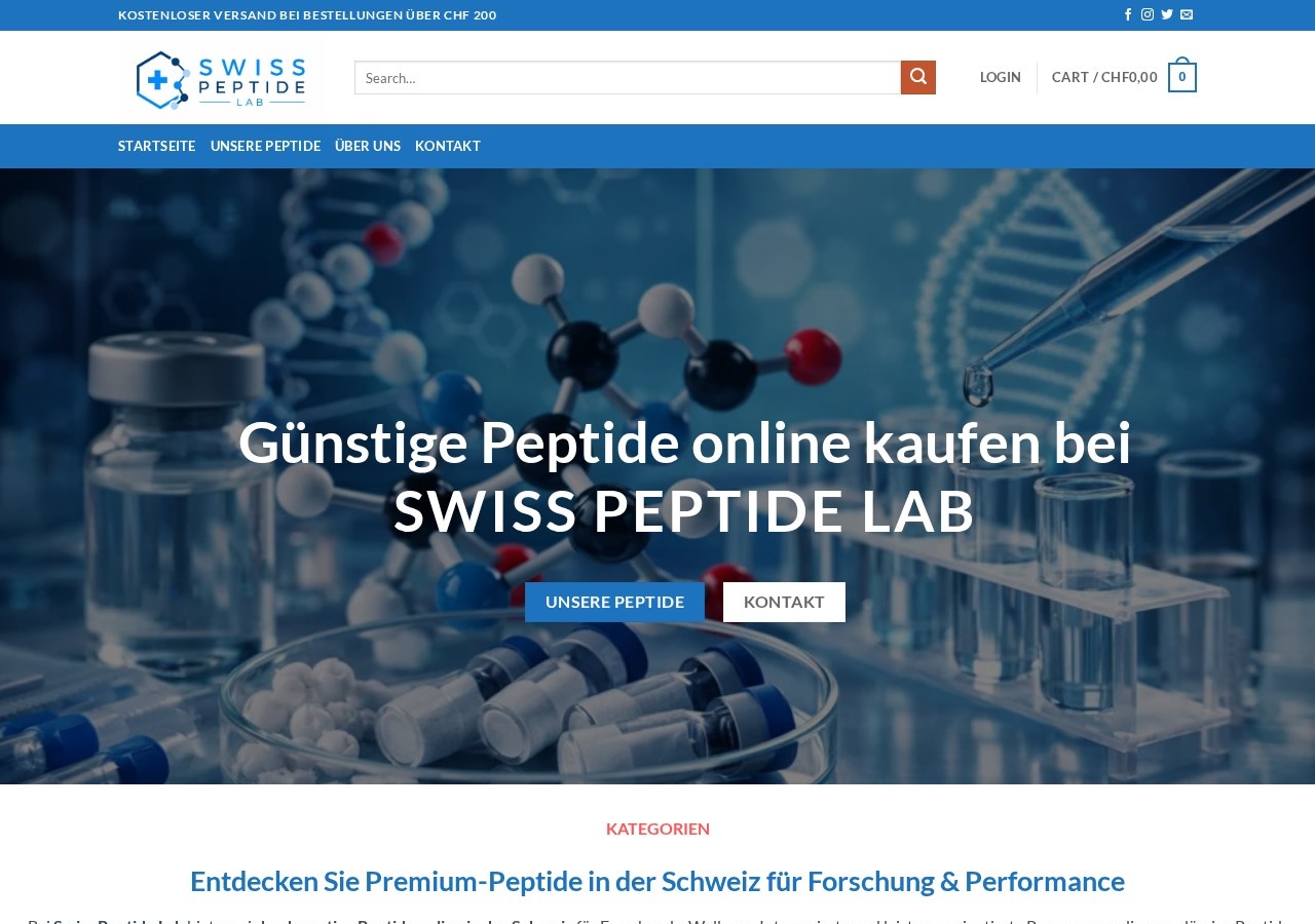 Homepage screenshot of the Swiss Peptide Lab research-peptide website.