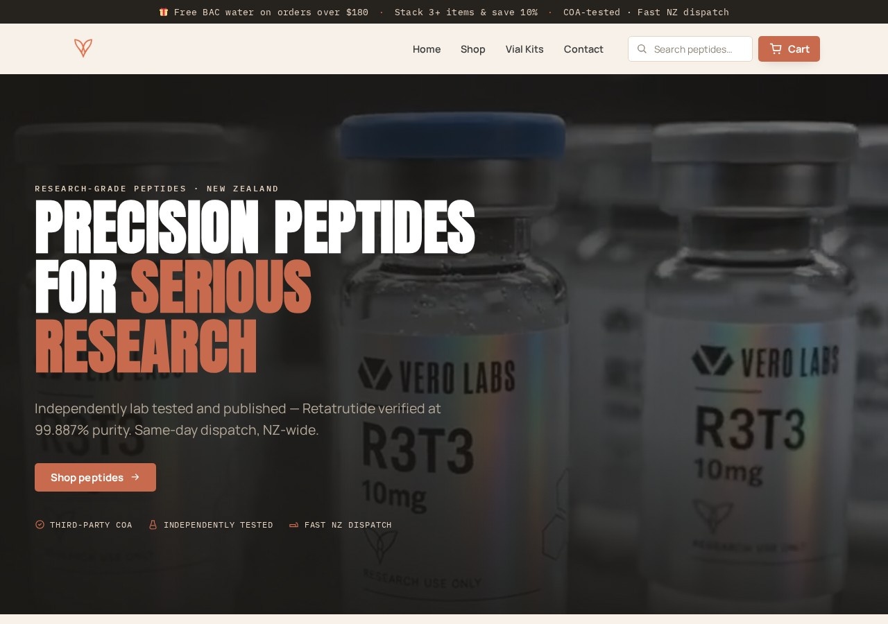 Homepage screenshot of the Vero Labs research-peptide website.