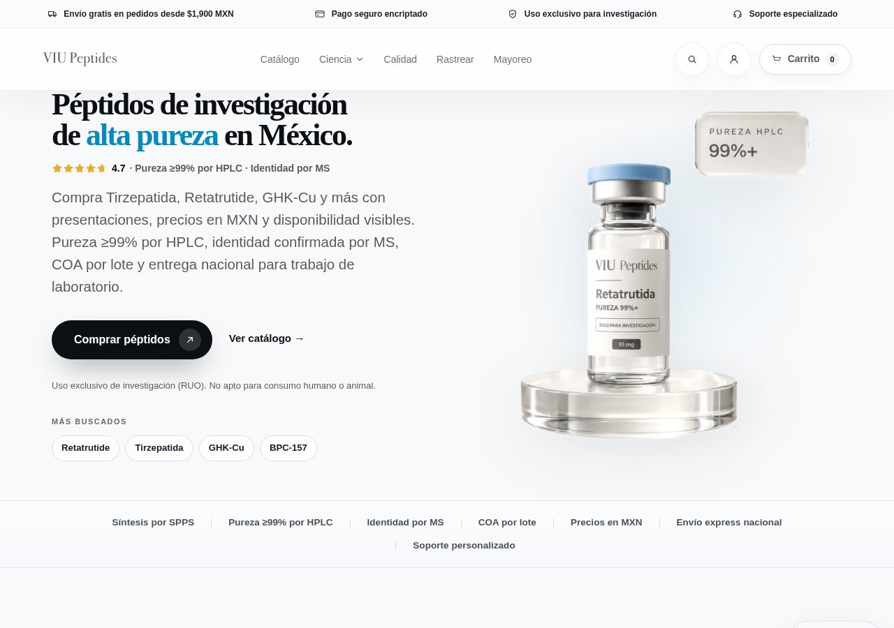 Homepage screenshot of the ViuPeptides research-peptide website.